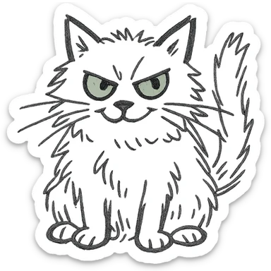 grey fluffy mischievous cat with green eyes, hand drawn icon style sticker