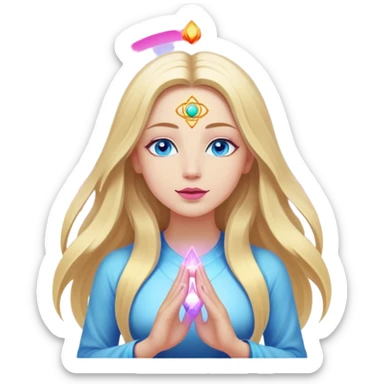 Cinematic realistic blonde with long hair, blue eyes and pink lips, meditating, her seven chakras glowing sticker