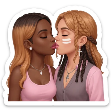 Bimbo, pearl earrings stud, Light pink cute lips, long middle part with long light ginger hair, dark brown skin, playboy necklace with lashes, light pink shirt, kissing the goth black girl with brown skin, cross earrings, ankh necklace with dreadlocks with white paint on face sticker