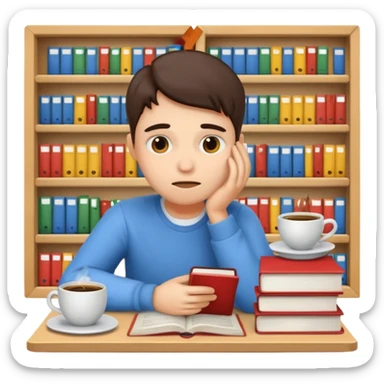 emoji student stressed with books and coffee, exam, tired, white background sticker