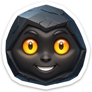 Single black obsidian rock character, thick and heavy with sharp facets and subtle reflections, carved cute face with glowing round eyes and a small smile, 3D render, high detail, soft backlighting, isolated on a plain dark background. sticker