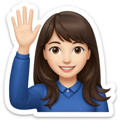 brunette woman with bangs and long hair waving, smiling sticker