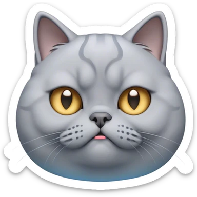 Cinematic Comical Grey British Shorthair Cat Portrait Emoji, Head tilted with a scrunched, grumpy expression, sleek soft grey fur with subtle blue undertones, Simplified yet sharp features, highly detailed, glowing with a slightly sarcastic glow, high shine, poised but with a comically displeased demeanor, stylized with an air of playful disdain, focused yet unimpressed, soft glowing outline, capturing the essence of a grumpy yet endearing kitty, so lifelike it feels like it could give you an exaggerated sigh and a disapproving stare at any moment! sticker