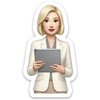 pale skin woman with ash blonde Straightened bob Hair, White Spacious classical jacket, beige palazzo Arrow pants and gray blouse holding a IPad Pro 12.9” in the hands sticker