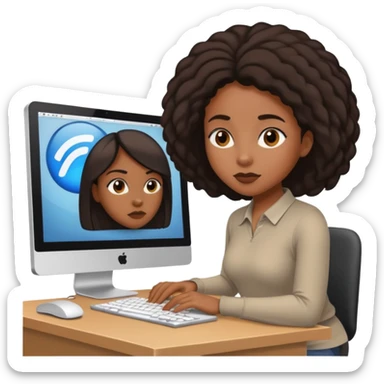 black woman working on a computer, hiding behing her computer, no brand on the computer, focused on the screen sticker
