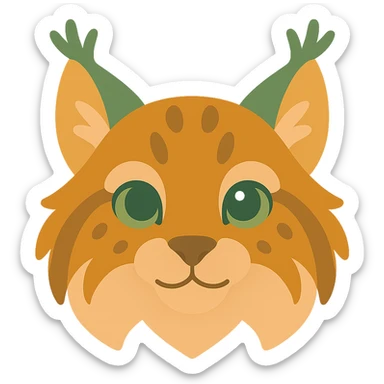 A cute and soft lynx face with big, expressive eyes, designed in a warm and magical color palette: golden orange (FA9B41), forest green (4A7C5C), muted taupe brown (96775A), and pastel peach (FFCC9A). The lynx’s fur is fluffy and soft, with a mix of warm browns and golden highlights. Its ears are tipped with tufts of fur in greenish tones, and its cheeks are gently rounded with subtle peach accents. The eyes are bright and curious, surrounded by soft fur in the warm color palette. The overall look is adorable, serene, and enchanting, evoking a gentle, woodland atmosphere. sticker