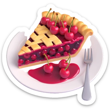 slice of cherry pie with golden crust and glossy cherries on top, served on a plate with a fork, 3D iOS emoji style sticker