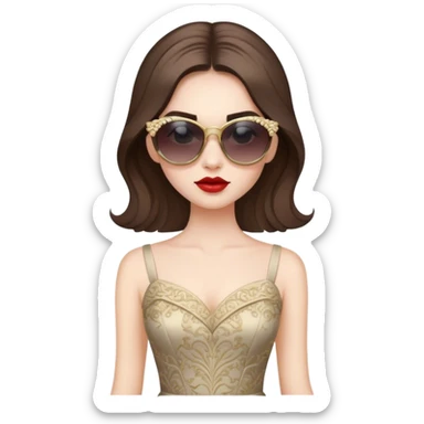 a pale brunette girl with elaborate makeup and dress, wearing sunglasses, confident sticker