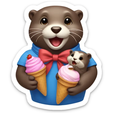 otter with baby otter and both eating ice cream and with a bow  sticker