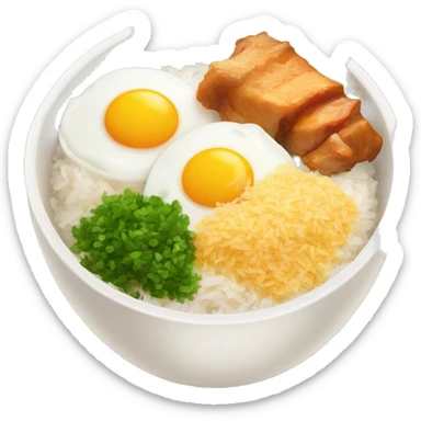 a bowl of rice with two eggs and two chicken thigh sticker