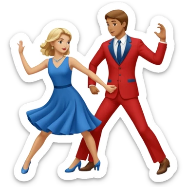 Two people. Man wearing all  RED with brown hair. Women  ALL blue with blond hair. Swing Dancing. Need four legs sticker