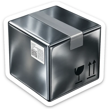 Turn this package into a chrome style box, metallic, shiny, modern, keep the same shape and tape details. sticker