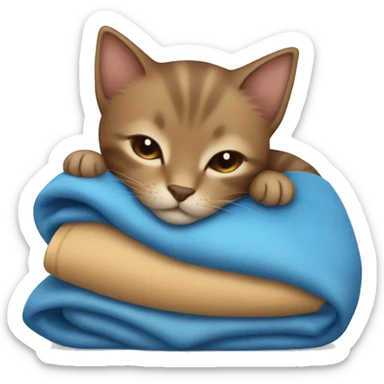 Brown kitten sleeping with blue banket  sticker