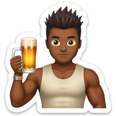 muscled guy in yoga pose, slightly dark skin, spiky dark hair, holding beer sticker
