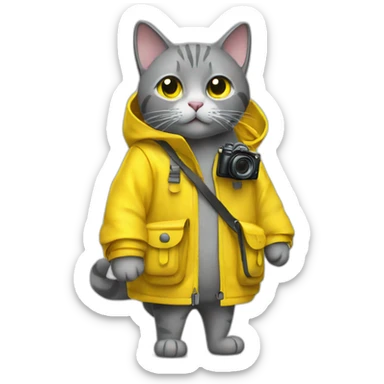 Grey cat with camera and a raincoat, yellow bagpack  sticker