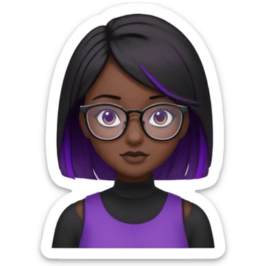 chica bonita con ligero cabello negro con rayas moradas que llega hasta los hombros con lentes cuadrados de estatura pequeña con ropa negra con otro estilo de cabello sticker