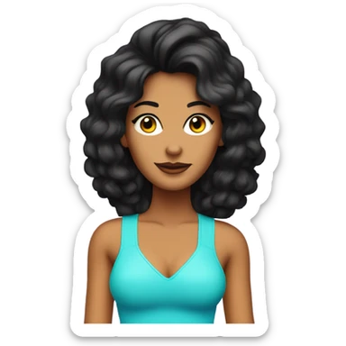 Tanned woman with black hair wearing 1980s style neon outfit and hair sticker