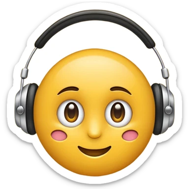 Ein gelber runder Emoji der die Augen geschlossen hat. Total im moment. Glücklich, leichtes lächeln. Verträumt. Leichtigkeit. Freiheit. Overearkopfkörer auf und im hintergrund kleine musiknoten sticker