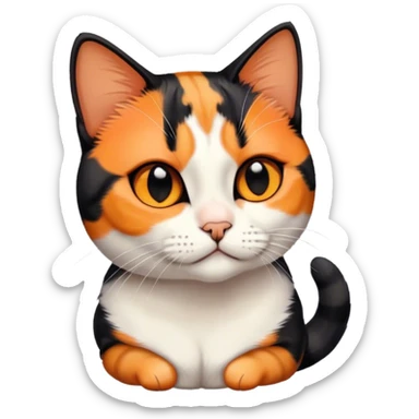 American shorthair calico cat with black fur on the right side of their face and orange on the left side sitting down sticker