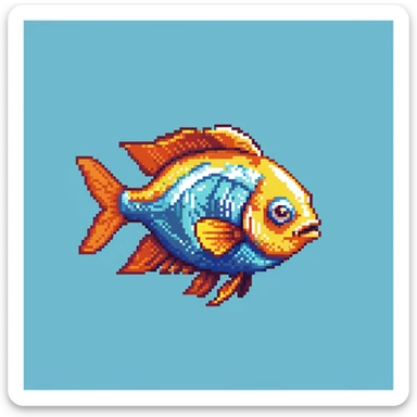 Tropical colorful fish for Minecraft inventory, eye pointing down-left at 45-degree angle, square texture, pixel art game asset sticker