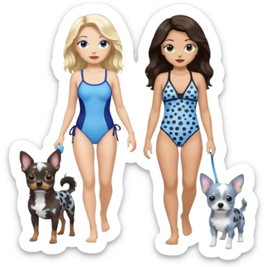 2 pretty women in bathing suits, hazel eyed light skin with dark brown wavy long hair, walking a blue and gray spotted Merle Frenchie the other blue eyed light skin long blonde hair walking a black chihuahua  sticker