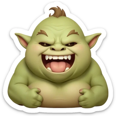 Cinematic Cute Yawning Ogre Portrait Emoji, with a surprisingly cuddly, rotund figure in soft earthy greens and browns, head tilted back in a big, gentle yawn exposing a set of comically oversized teeth, simplified yet irresistibly adorable, highly detailed with a soft glowing outline that captures the sleepy charm of a friendly ogre after a long day of gentle mischief! sticker