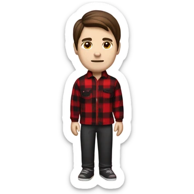 Man with straight brown hair and brown eyes wearing red and black buffalo plaid pjs. White skin. Full body. sticker