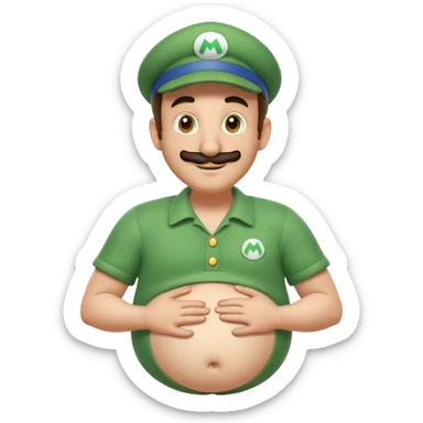Luigi from Mario, pregnant, hands on belly, cheerful, Discord emoji style sticker
