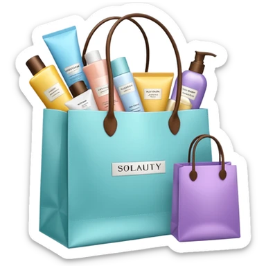 Gift bag with beauty products (shampoo, creams, styling products), a gift bag is beautyful open box full of luxury brand-labeled beauty products sticker