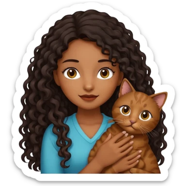 Brown skinned girl with long curly black hair holding brown cat  sticker