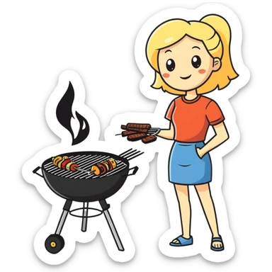 Beautiful blonde woman grilling on a barbecue outside  sticker