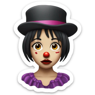 Sad clown girl wearing jesters hat with short chin length straight black hair exaggerated expression of sadness on her face  sticker