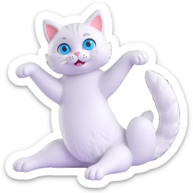 3d style cat, stretching, white fur, blue eyes sticker
