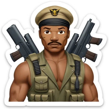 Carl Weathers as Dillon from Predator movie, muscular man in military gear with bandana sticker