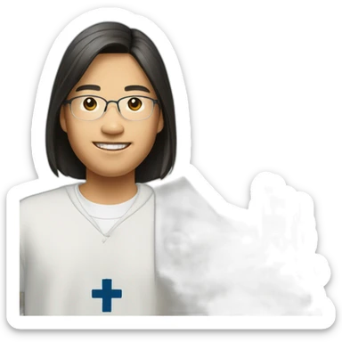 Catholic Asian Berkeley student with cross and Berkeley logo sticker