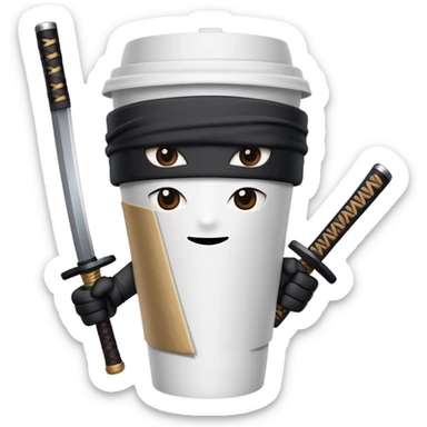 A paper coffee cup with arms and eyes, wearing a black ninja headband and wielding a samurai katana sticker