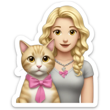 Blonde wavy girl with a grey cat that has a pink bow in her necklace sticker
