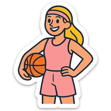 blonde white female basketball player wearing pastel pink basketball uniform holding orange basketball on hip smiling vibrant toon style no text sticker