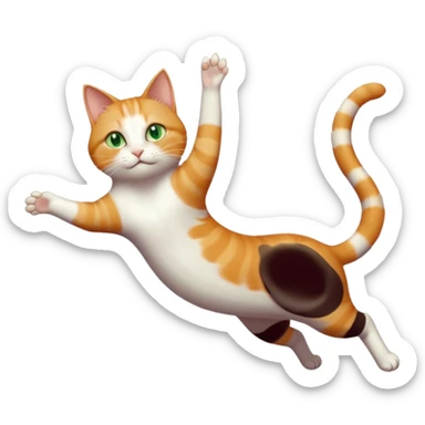 ginger and white cat with green eyes doing a big extremely long stretch reaching up into the air with arms and legs side by side together straight and overextended whilst lying on its side sticker