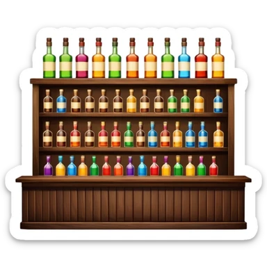 A wooden bar counter with rows of colorful liquor bottles lined up behind.
 sticker