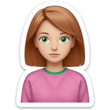  Una donna con una felpa semplice rosa, senza cappuccio. i capelli sono lunghi fino alle spalle marroni chiaro,gli occhi sono verdi  sticker