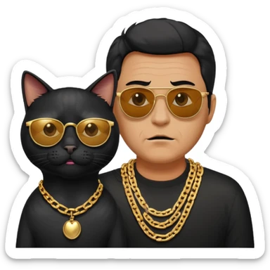 Freaky Larry is a cat with a gold chain and sunglasses standing behind a scared man with no facial hair. Make sure the cat is black sticker