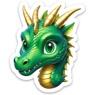 Cinematic Cute Dragon Portrait Emoji, Head tilted playfully and inquisitively, featuring a sleek, serpentine form adorned with iridescent scales that shift between emerald and gold, a delicate set of subtle horns, and round, sparkling eyes full of curious magic; rendered with realistic detail and warm natural light, high shine, affectionate and enchanting, styled with a touch of whimsical fantasy, soft glowing outline, capturing the essence of a mischievous yet lovable dragon that seems poised to slither playfully into your arms! sticker