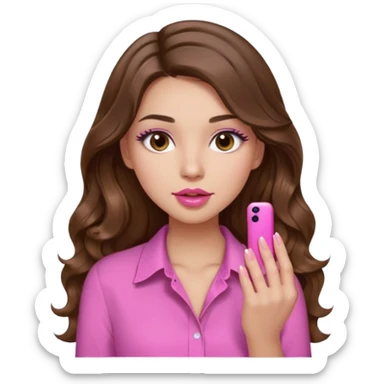 girl with long wavy brown hair, brown eyes, light to medium complexion, in a pink shirt, pink lips, long lashes, puckered lips, showing off a pink manicure sticker