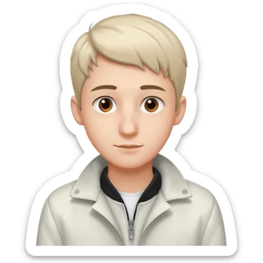 teenage man with very short gradient hair, brown eyes and long lashes, big nose and he is wear a white jacket sticker