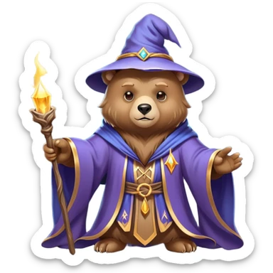 A bear wizard casting a spell with magical staff and flowing robes sticker