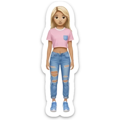 preppy teenage girl, tan, blonde highlights, brown long hair, long eyelashes, beach aesthetic, wearing cute clothes, sexy, wearing ripped blue long baggy jeans with a light pink revealing crop top, wearing Somba Adidas sticker