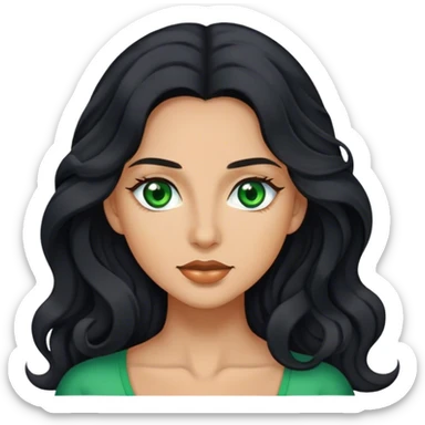 Woman with long wavy black hair and green eyes and tan sticker