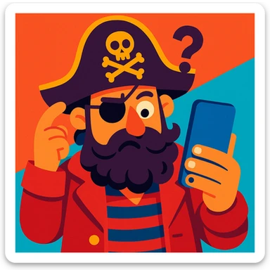 whimsical illustration of a pirate captain holding a smartphone upside down, puzzled sticker