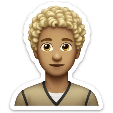 black eyes, very very curly blonde short hair, boy, tan skin, serious face sticker